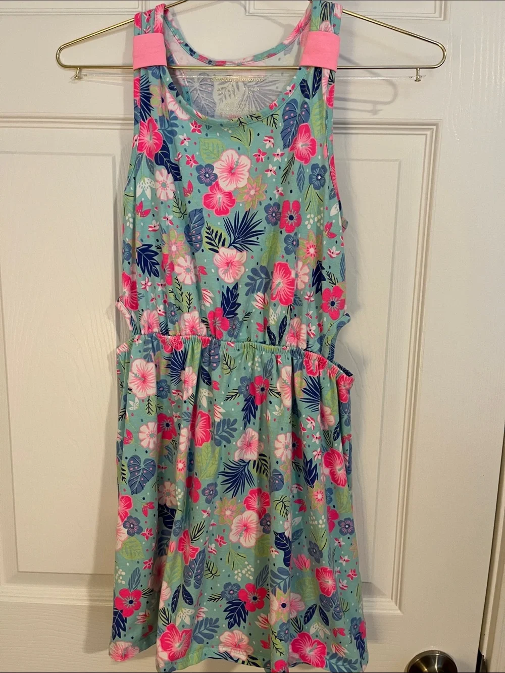Tommy Bahama L 10/12 Girls' Tropical Floral Tank Dress - Aqua with Pink & Blue